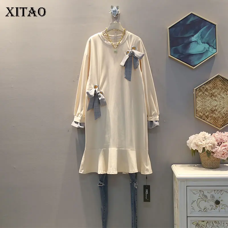 

XITAO Spring 2020 New Women Dress Bandage Bow Splice Fishtail Hem Plus Size Long Sleeve Dresses Fashion O Neck Clothes ZLL4950