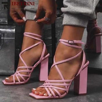 

RIBETRINI New Arrival Ins Fashion Sweet Pink Shoes Women Cool Party High Block Heels Sandals 2020 Brand Office Sandals