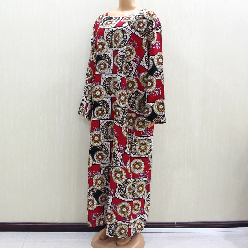 Ethnic Style Vintage Printed Women Maxi Dresses Cotton Long Sleeve Autumn Winter African Dresses with Scarf