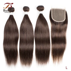 BOBBI COLLECTION Color 2 Dark Brown Straight Hair 2/3 Bundles with Closure 10-24 inch Indian Remy Human Hair Weave Extensions