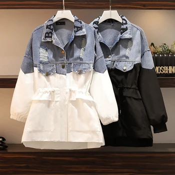 

IHOBBY 2019 New Denim Patchwork Windbreaker Embroidery Letter Turn Down Collar Casual Large Size Trench Coat