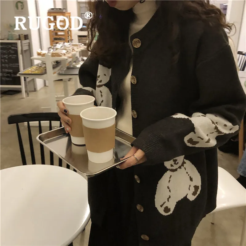 RUGOD/Новинка года; Женский вязаный кардиган с рисунком медведя и круглым вырезом; однобортный свободный Свитер оверсайз; корейское милое осеннее пальто