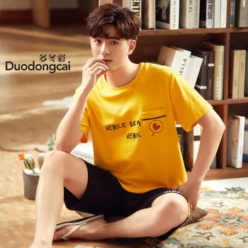 

New Style Pajamas Summer Pure Cotton Simple Generous Comfortable-Outer Wear Men Tracksuit Short Sleeve Set