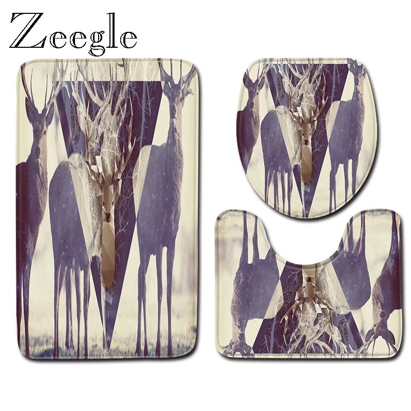 Zeegle Print Wapiti Bath Rug Set Pedestal Rug Toilet Seat Cover Toilet Decor Mat Bathroom Mat Set Washable Rug Entrance Doormat