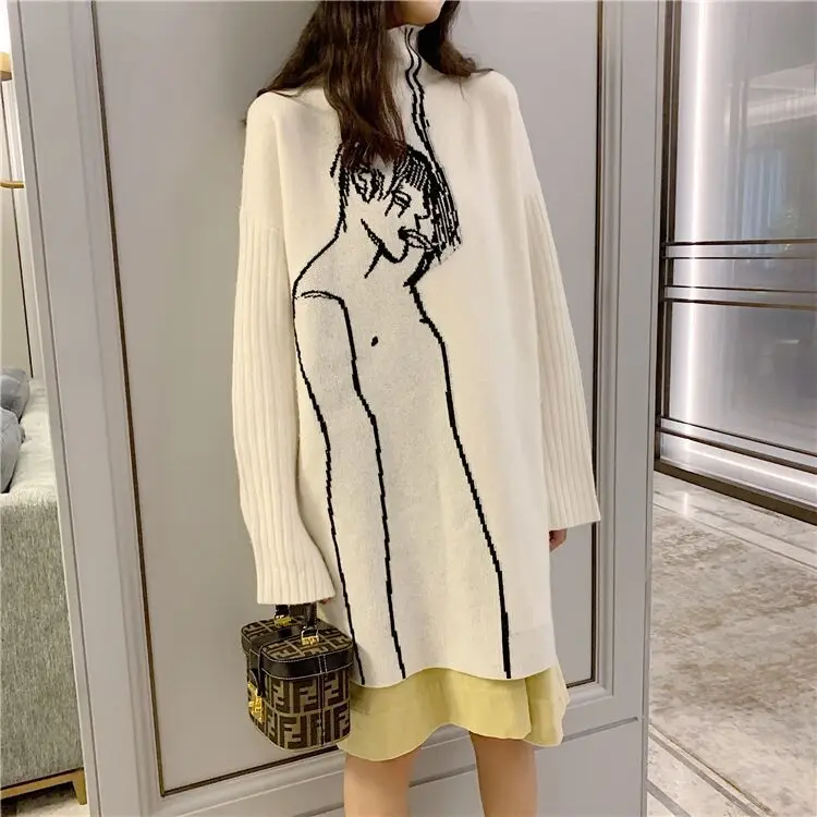 

2019 Design Sense Top Personality Abstract Portrait Pattern High Neck Sweater Fashion Women's Medium Long Knitwear Sweater Women