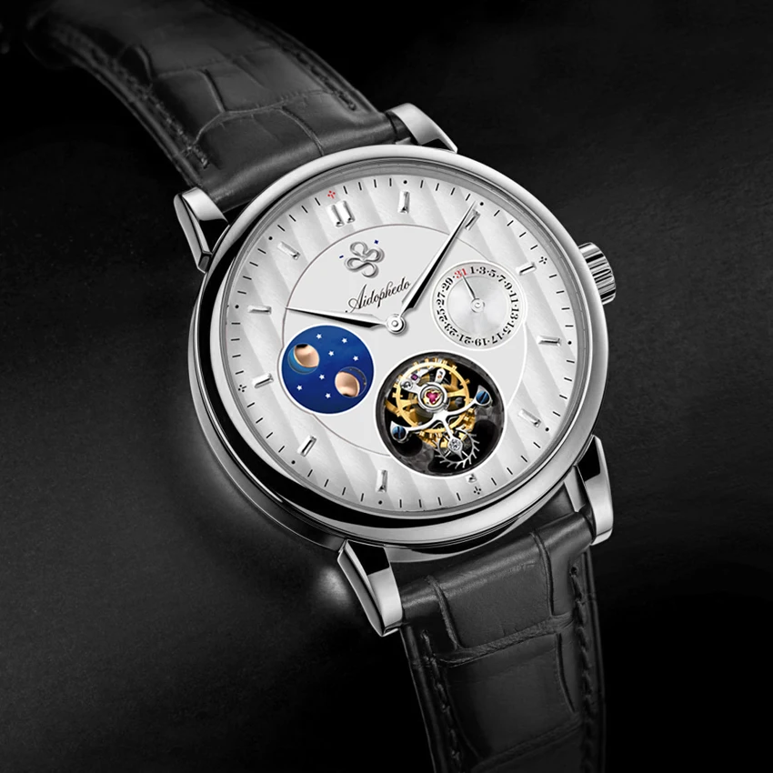 Aidophedo, настоящие st8007 турбийон, мужские часы, фаза Луны, календарь, Швейцария, мужские механические часы, 5ATM, топ, люксовый бренд, часы - Цвет: Silver Black