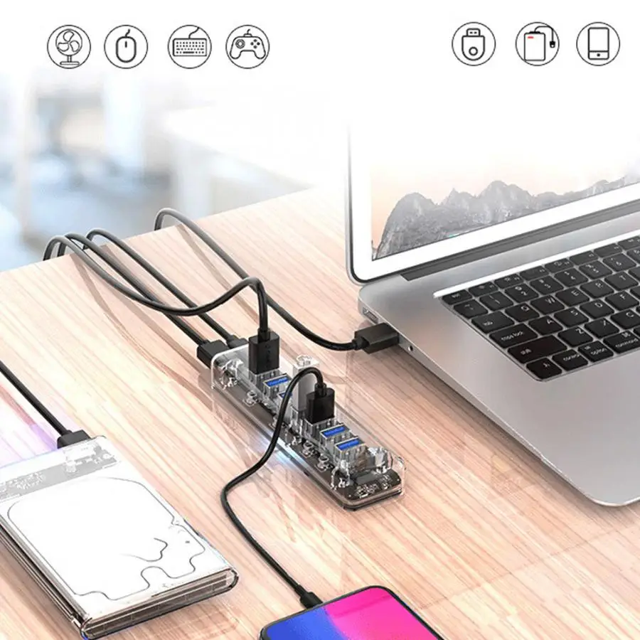 ORICO F7U USB3.0 type-A прозрачный 7-портовый 5 Гбит/с концентратор для настольного компьютера ноутбук от 1 до 7 удлинитель концентратор многопортовый концентратор горячая распродажа