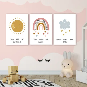 

Nordic Poster Sunshine Rainbow Cloud Art Print Nursery Wall Painting Happy Quotes Canvas Pictures Kids Room Wall Art Decor