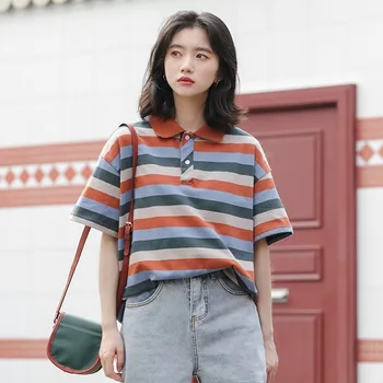 

2020 Striped T Shirts Women Turn-down Collar Vintage Loose Regular Short New Office Lady Women Cotton Streetwear Broadcloth