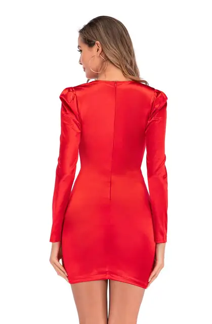 Sexy Red Satin Puff Long sleeve Bodycon Dress women summer Elegant silk autumn club party Dress wrap Fold Mini Dresses Vestidos 2