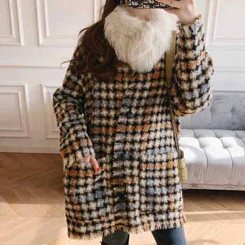 

Women Sweater2019 Autumn and Winter Small Fragrance Wind Tweed Wool Blend Retro Check Coat Cardigan