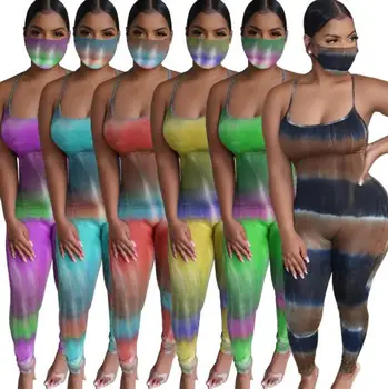 

2020 European and American new women's sling tie-dye gradient color halter sexy jumpsuit trousers including mask