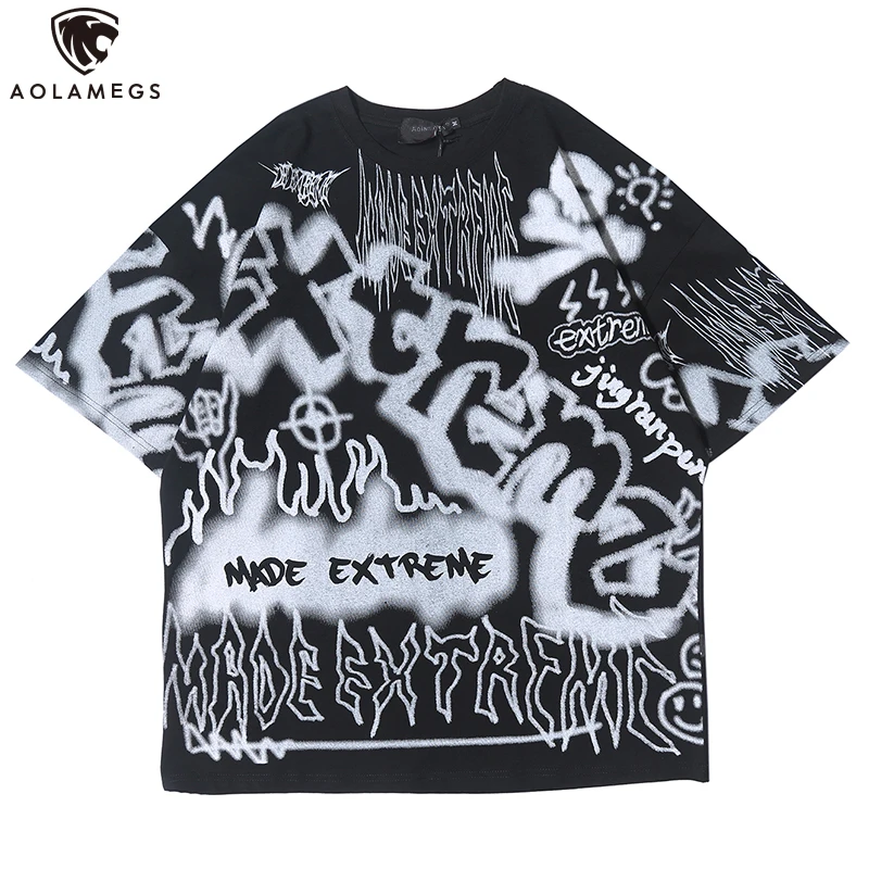 

Aolamegs Men T Shirt Spray Letter Graffiti High Street Oversize 3 Color Optional Punk Style Hop Couple Cozy Streetwear Summer