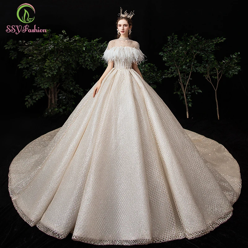 SSYFashion новое зимнее роскошное свадебное платье высокого класса без бретелек, кружевное платье с блестками и бисером, свадебное платье с перьями и шалью