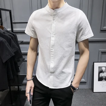 

Plus Size Cotton Men White Shirt Short Sleeve Summer 2020 Slim Fit Mens Casual Shirts Stand Collar Simple All Match Blouse Men