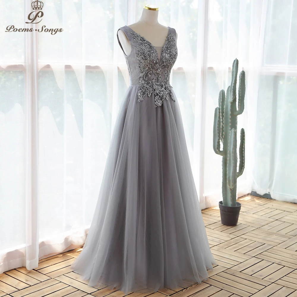 Grey Lace Deep V Neck Plus Size Prom Dresses Evening Gown Formal Dress –  Laurafashionshop