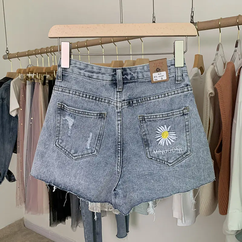 

women shorts denim shorts women high waist slim thin daisy embroidery loose hole wide leg hot pants booty shorts fashion jeans