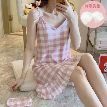 

Printed Sling Nightdress Spaghetti Strap With Bra Sleepwear Girls Sexy Fashion Nightgown Women Lotus leaf skirt Hem Sleep Dress