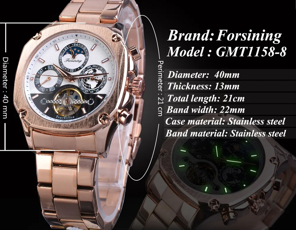 Forsining дизайнерские automatic Tourbillon часы мужские розовое золото Moonphase Дата Скелет механический пилот стальной ремешок Montre Homme