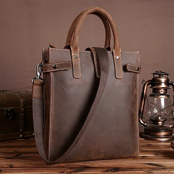 

FGGS-BAOERSEN Men Handbag Cross Body Tote Bag Crazy Horse Leather Business Briefcase Men Tablet Messenger Shoulder Top Handle Ba