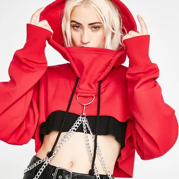 

Hip-hop style Spring Fall Super short Sexy Chain Splice Solid Casual Hoodies Women's Sweatshirt Plus size Long sleeve Streetwear