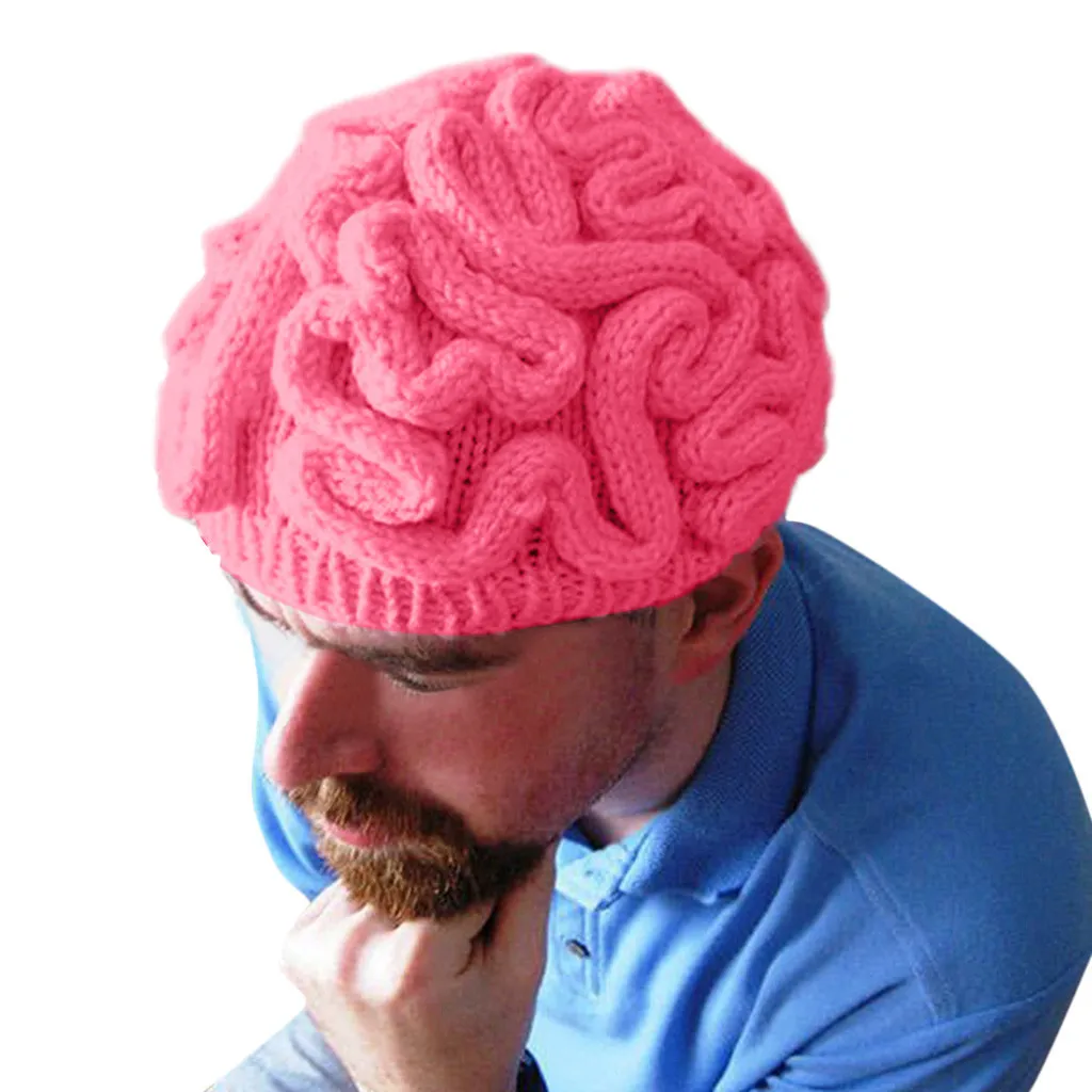 Модная женская одежда, шапка, теплая зимняя вязаная шапка мозги для детей и взрослых, вязаная шапка, крутая шапка - Цвет: Розовый
