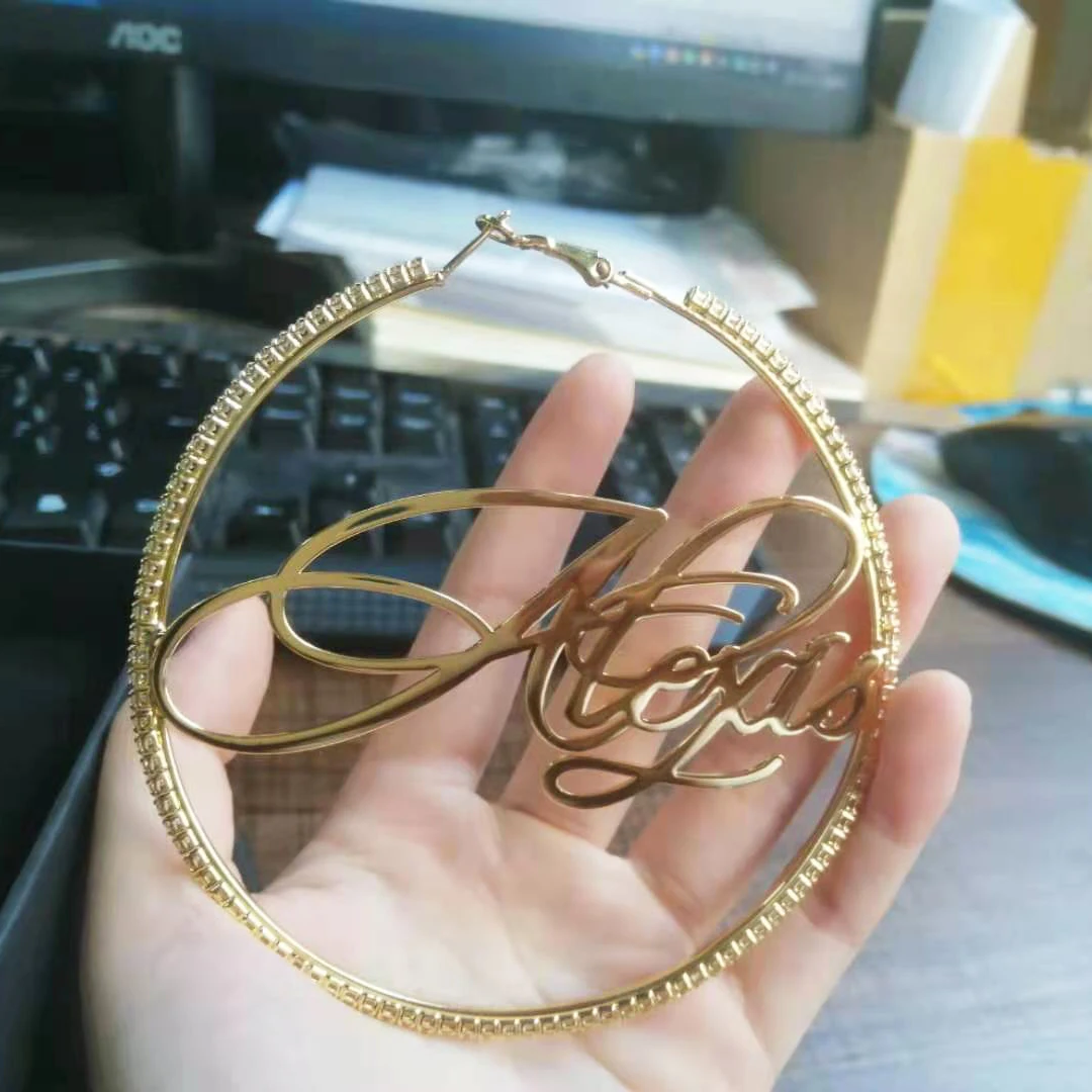 Trendy 2mm White Zircon Name Earrings Thin Hoop Customnamed Stainless