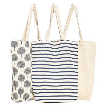 

3-Pack Reusable Cotton Grocery Shopping Tote Bags, 3 Designs, 15 x 16.5 x 3.5 Inches