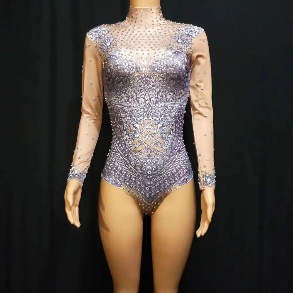 Women Sexy Tight Fitting Performance Rhinestone Bodysuit Nightclub Pole Dance Leotard Showgirl Jumpsuit Acrobatic Stage Outfits satin bodysuit Bodysuits