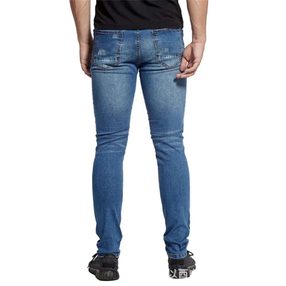 EH·MD® Ligament High Stretch Jeans Men's Tight-fitting Washed Holes Blue Feet Pure Cotton Black Pleated Decoration Cat Whisks