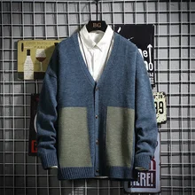 UYUK2019's осенне-зимний модный тренд из кроличьей шерсти, мужской утолщенный вязаный Повседневный Кардиган с v-образным вырезом в стиле пэчворк, свитер Hombre