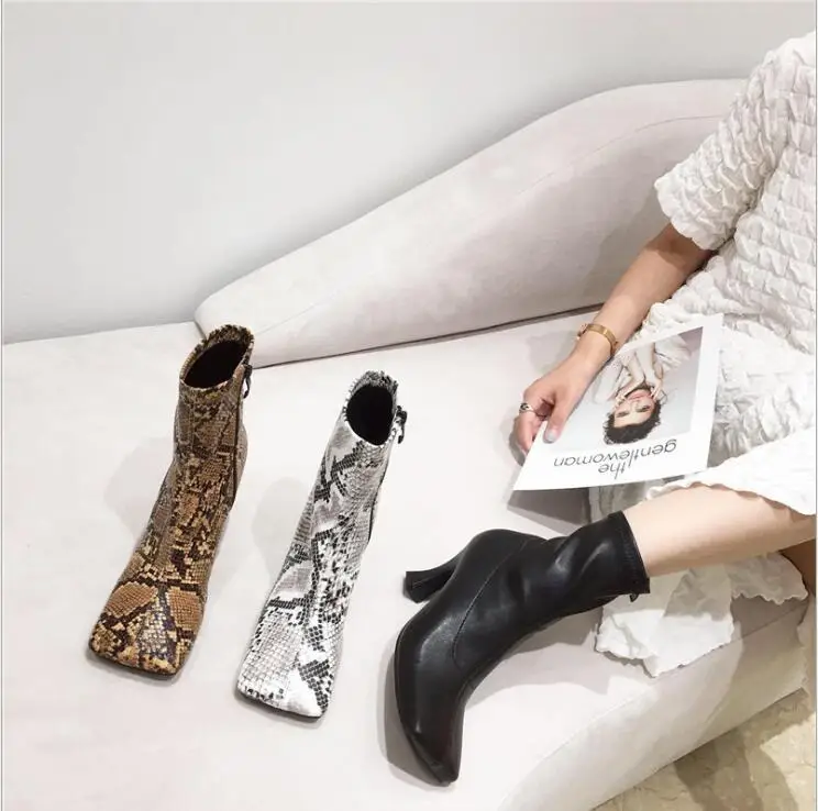 

Women Boots 2020 New Thin High Heels Ankle Leopard Boots Fashion Square Toe Booties Female Causal Spring Brand Designer Shoes