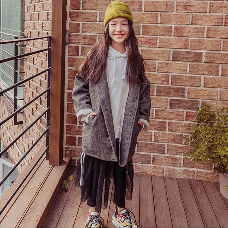

2019 Autumn and Winter New Girls Long Style Coat Baby Girls Turn-down Collar Suit Coat Kids Fashion Loose Solid Jacket,