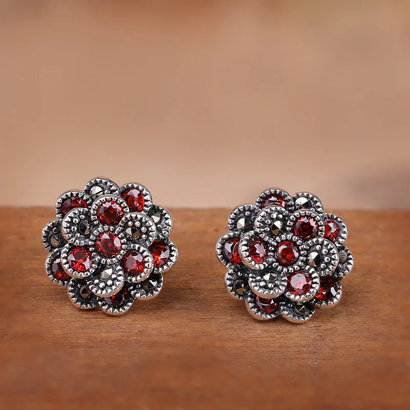 Uglyless Blooming Flower Garnet Earrings for Women Vintage Ethnic Marcasite Stud Earrings Real 925 Silver Brincos Jewelry E1540
