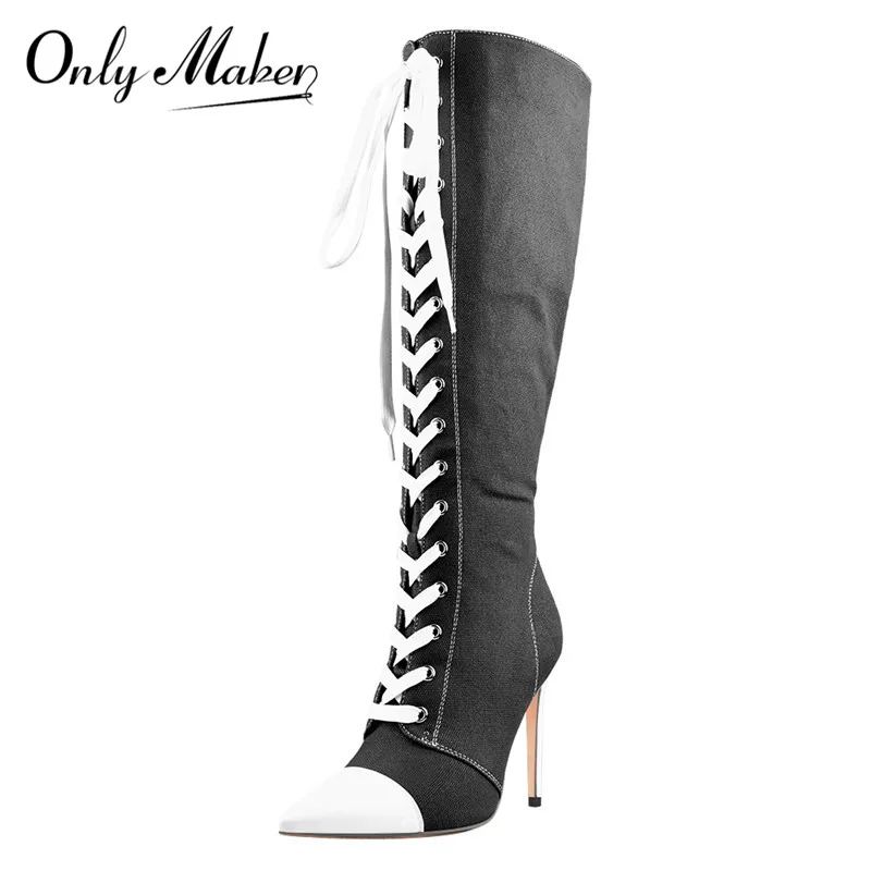 

Onlymaker Women's Pointed-toe Lace Up Canvas Boots 10CM Thin High Heel Side Zipper Blue Long Boots Plus Size US5~US15