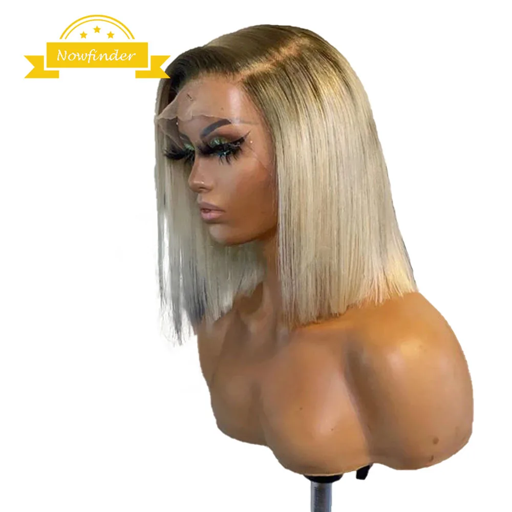 1b/613 Lace Frontal Wig Blonde Bob Human Hair 180% Density Dark Roots Ombre Short Transparent | Шиньоны и парики