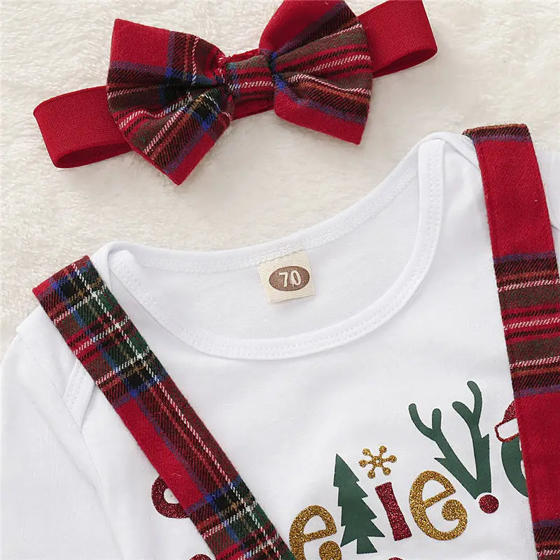 Мой первый Рождественский детский наряд комплект одежды для маленьких девочек, хлопковый боди+ клетчатая юбка на бретелях+ повязка на голову, Рождественский праздничный костюм из 3 предметов