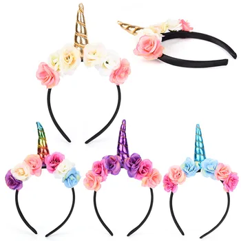 

Fashion 1PC Unicorn Horn Headband 5 Colors Headwear Flower Hairband Photo Shoot Hair Band Braiders Styling Tool For Kids Girls