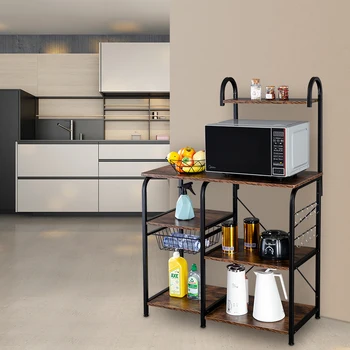 

kitchen Cart with 10 little Hooks Industrial Wine Rack Cart Rolling Storage Bar Wood Table Serving Trolley Adjustable Leg Pads