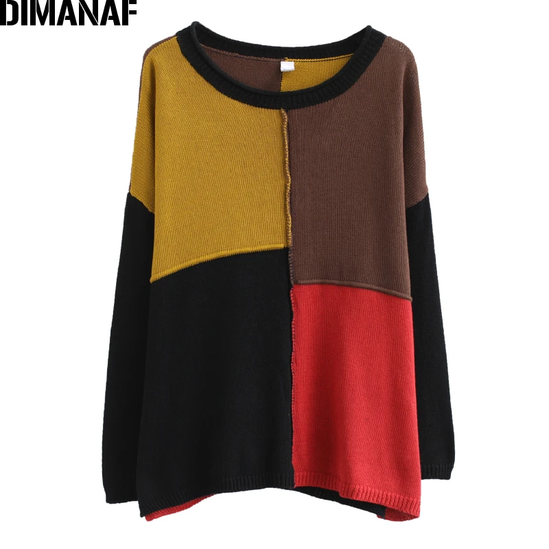 DIMANAF плюс размер Зимний женский свитер Пуловеры винтажные женские топы вязаные толстые Лоскутные свободные по размерам повседневная женская одежда - Цвет: Nv96008CN-huang