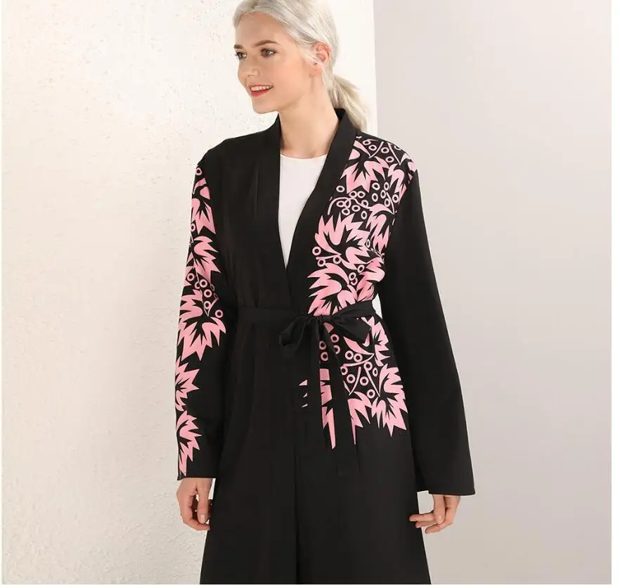 Длинный рукав исламское кимоно abaya Дубай Арабский Модный черный длинный кардиган женское мусульманское открытое кафтан абайя цветочный принт