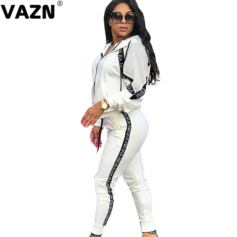 Белый VAZN YM8066 Горячая последняя энергия Повседневная молодежная мода с капюшоном полный рукав длинные брюки шифон Спортивные костюмы Тонкий женский комплект из 2 предметов - Цвет: Белый