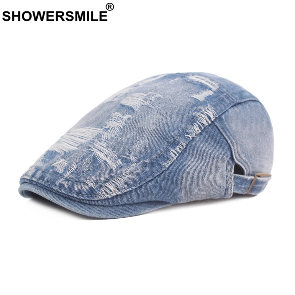 

SHOWERSMILE Mens Beret Do Old Hole Denim Flat Cap for Men Light Blue Adjustable Newsboy Unisex British Style Brand Driving Hat