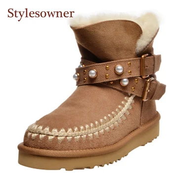 

New Warm Snow Boots Woman Autumn Winter Fashion Thick-solded Rivet Pearl Buckle Strap Comfortable Shoes Brown Pink Black Camel
