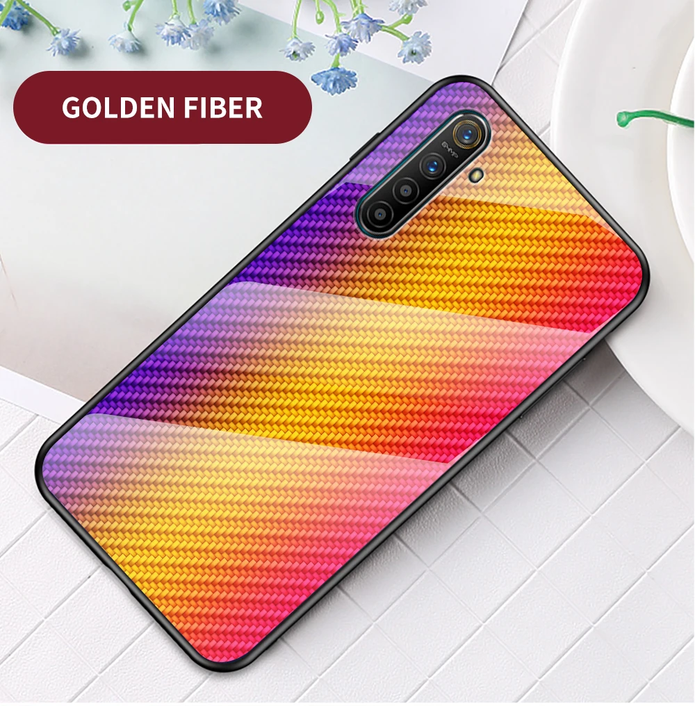 Tempered Glass Case For OPPO Realme X2 Case Luxury Carbon Solder Texture Case For Realme X2 Fashion Gradation Phone Cover