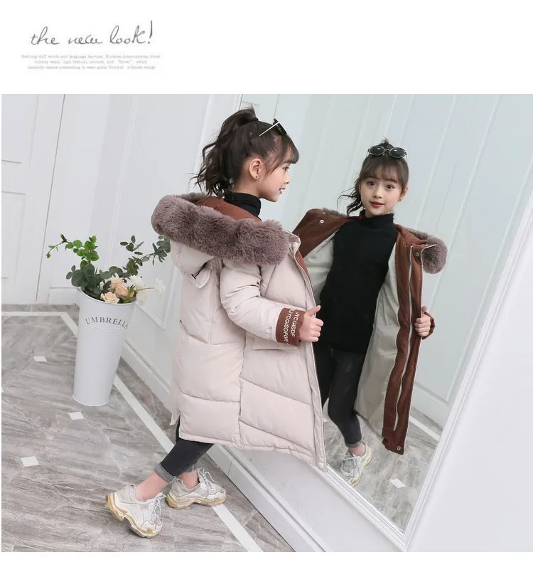 Scsech/детский зимний пуховик; хлопковая куртка; Одежда для девочек; модная детская одежда; теплая плотная парка с меховым воротником; длинное пальто с капюшоном; WJ75