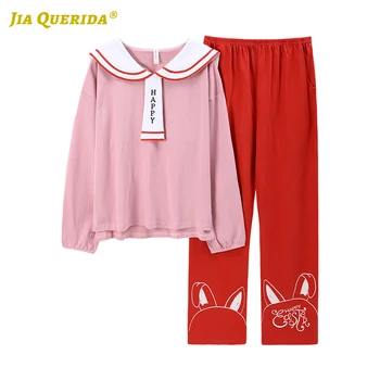 

Navy Style Collar Young Ladies Pajamas 100% Cotton Spring Fall Long Sleeved Pyjama Set Chic Embroideried High Quality Sleepwears