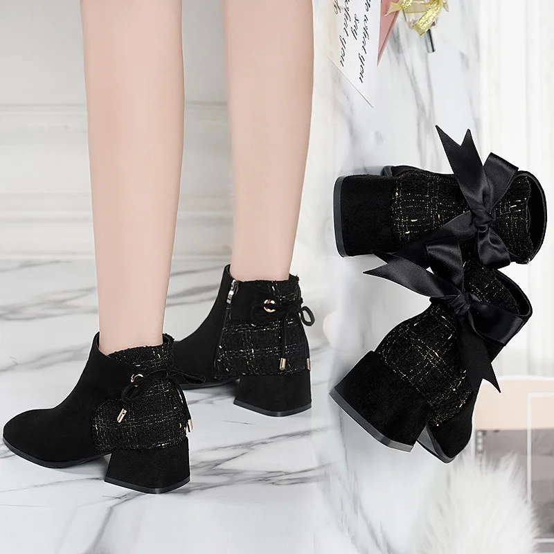 

-Style Chunky-Heel Short Boots Women's Spring And Autumn Single Boots 2019 New Style Versatile British Style Bow Ankle Boots Gra
