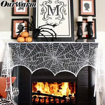 

OurWarm Black Lace Fireplace Scarf Halloween Party Decoration 18*98 inch Spider Web Cobweb Fireplace Scarf Halloween Home Decor