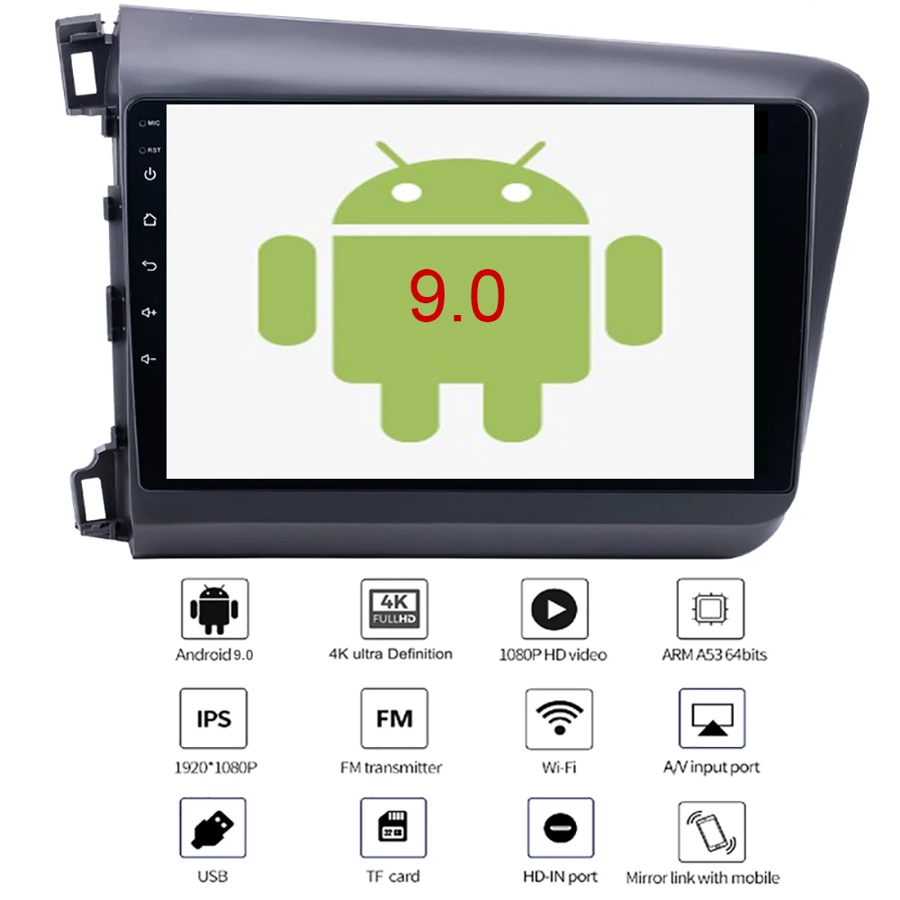 YAZH 9,0 ”ips Android 9,0 авто радио дисплей для Honda Civic 2012 2013 с восьмиядерным 1024*600 HD дисплей/зеркальная Ссылка/SWC